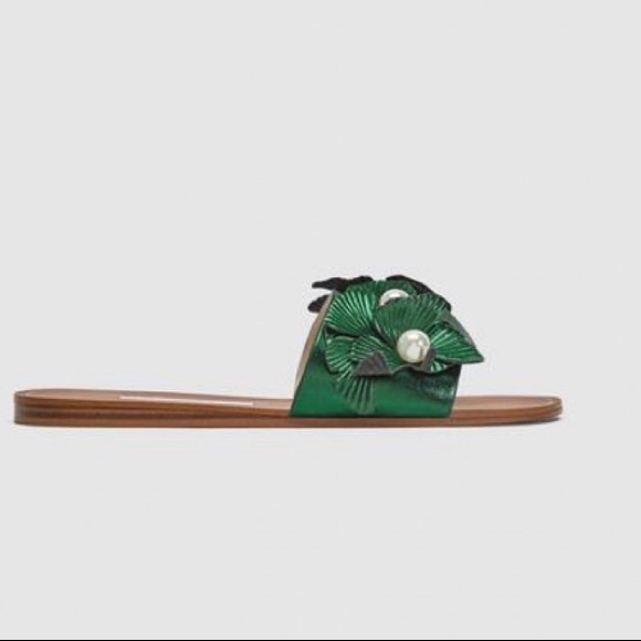SOLD! Zara Pearl Detail Green Floral Slides Sandal - Picture 4 of 8